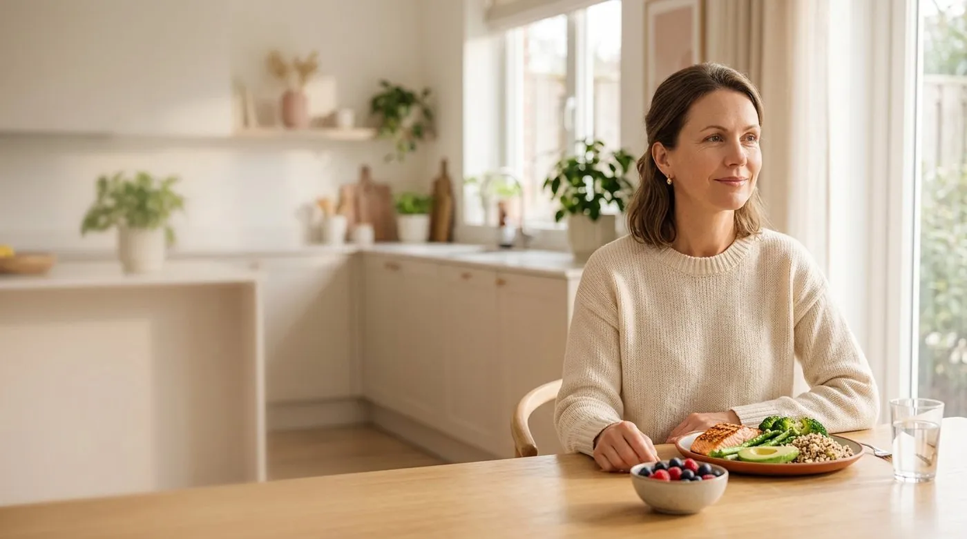 Mujer comiendo un plato equilibrado con salmón, verduras y cereales integrales