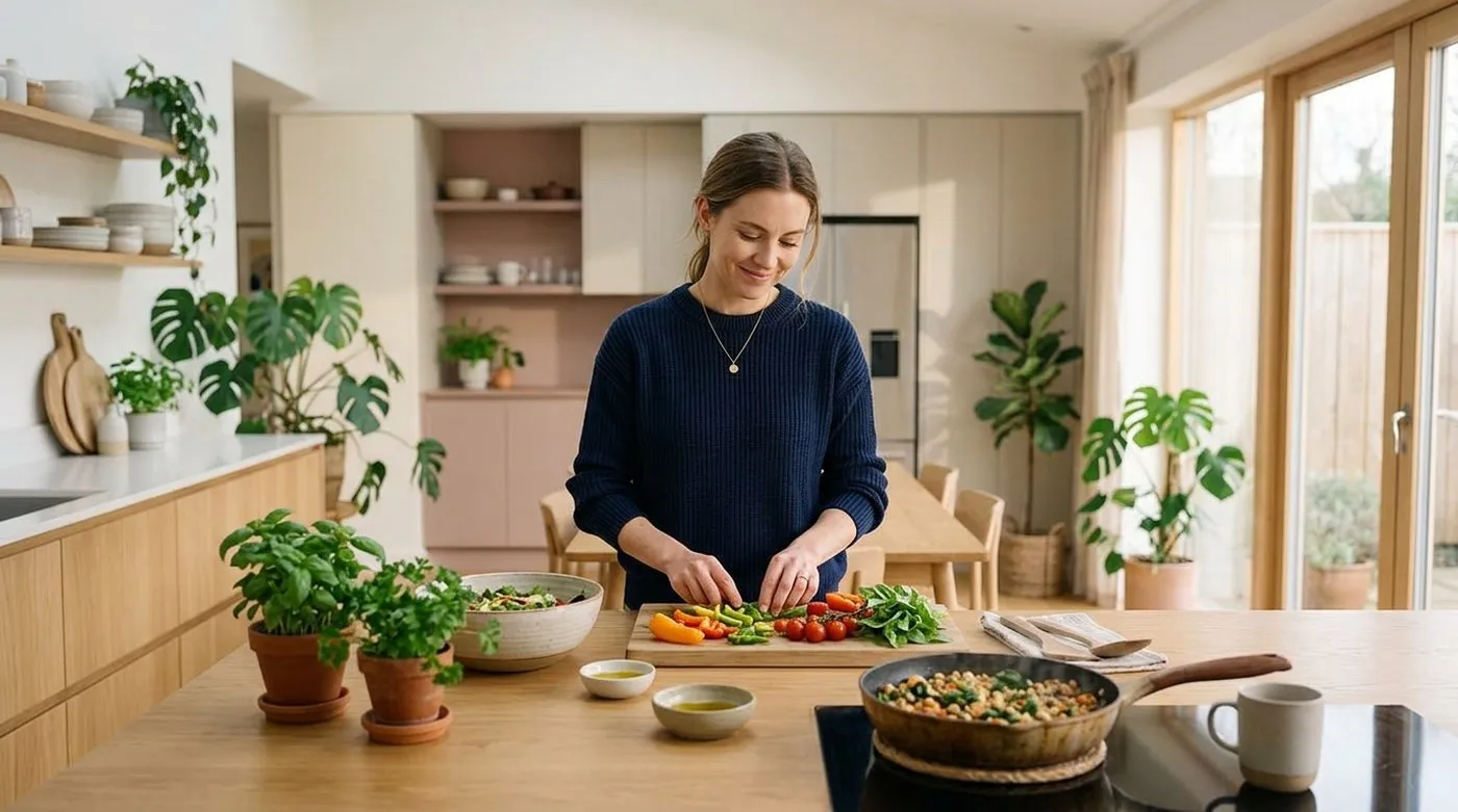Mujer preparando una comida saludable en la cocina