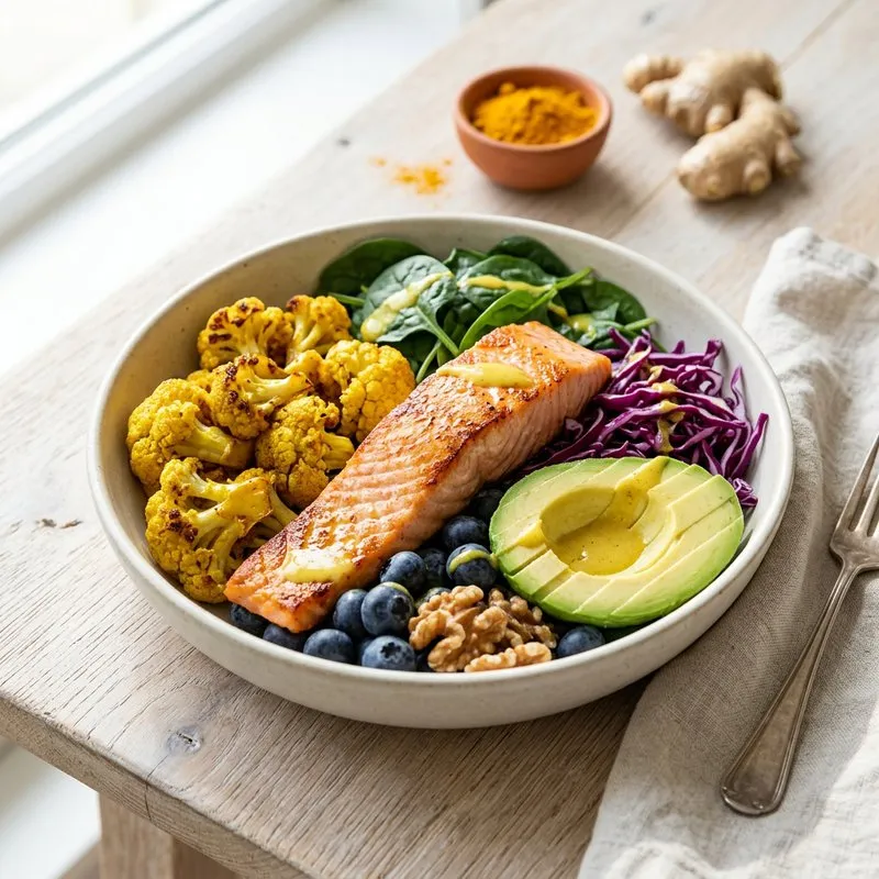 Bol antiinflamatorio con salmón, coliflor con cúrcuma, espinacas, aguacate y arándanos