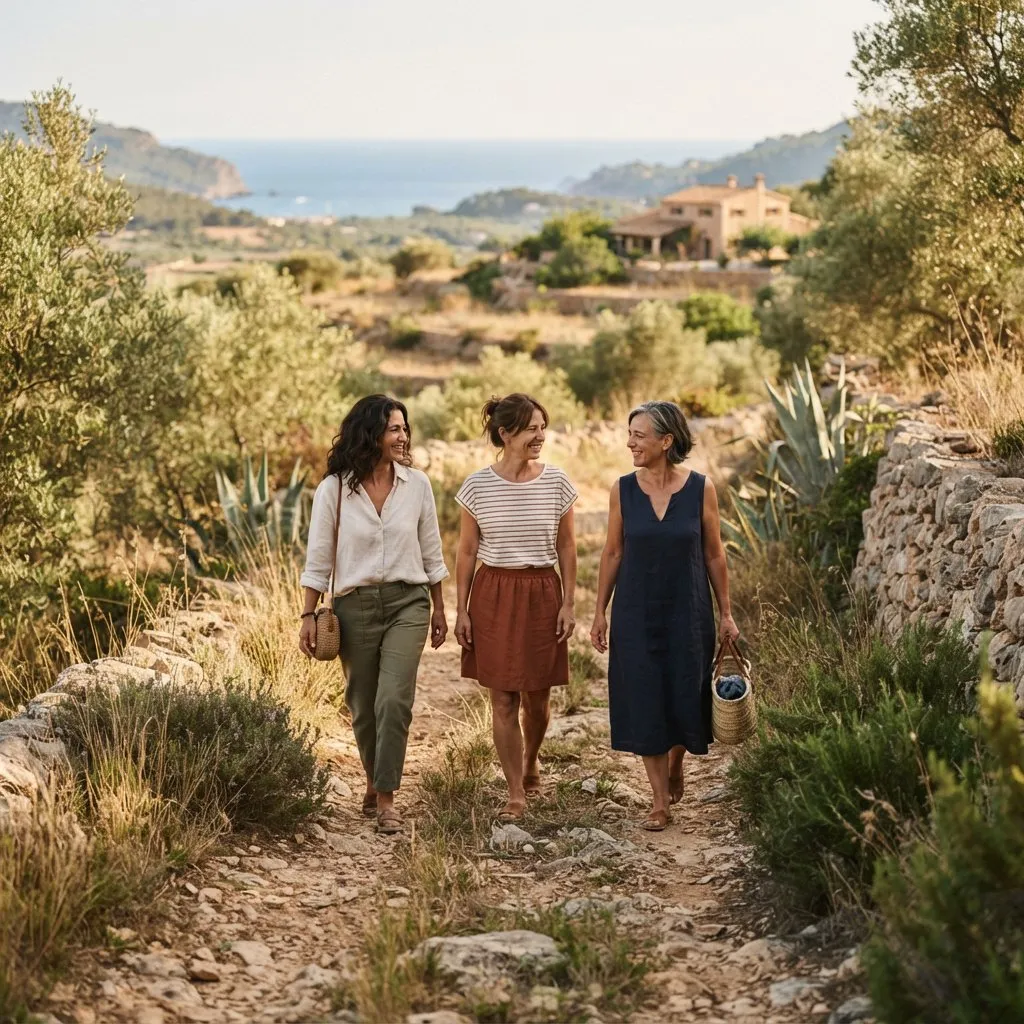 Tres mujeres paseando juntas por un camino mediterráneo