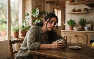Mujer de unos 40 años apoyada en la mesa de la cocina con una taza de café, con expresión de agotamiento a media mañana