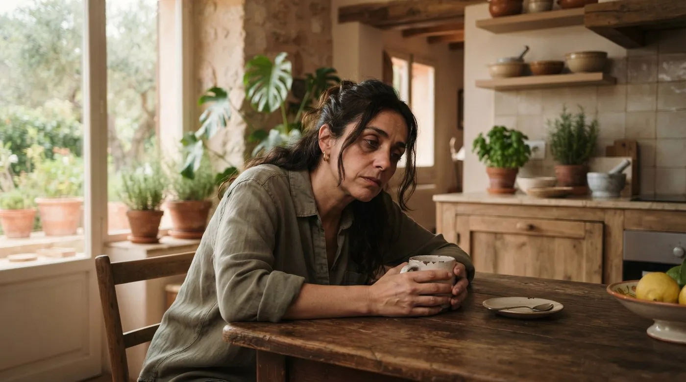 Mujer de unos 40 años apoyada en la mesa de la cocina con una taza de café, con expresión de agotamiento a media mañana