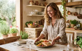 Mujer de unos 45 años sirviendo un plato equilibrado con salmón, verduras asadas y quinoa en una cocina luminosa