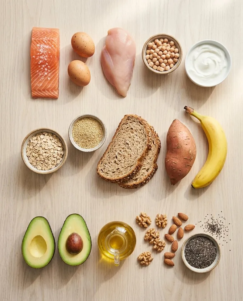 Alimentos ricos en proteínas, hidratos de carbono y grasas saludables organizados en tres grupos