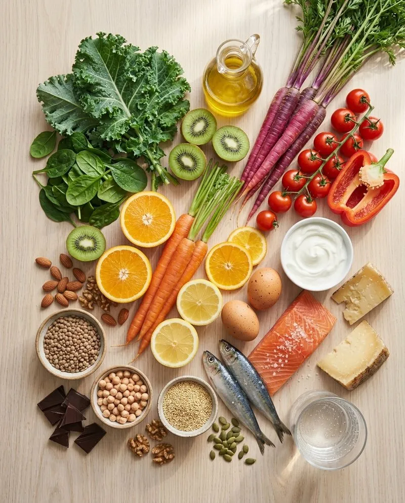Alimentos ricos en vitaminas y minerales: verduras de hoja verde, cítricos, pimientos, legumbres, pescado, lácteos y frutos secos