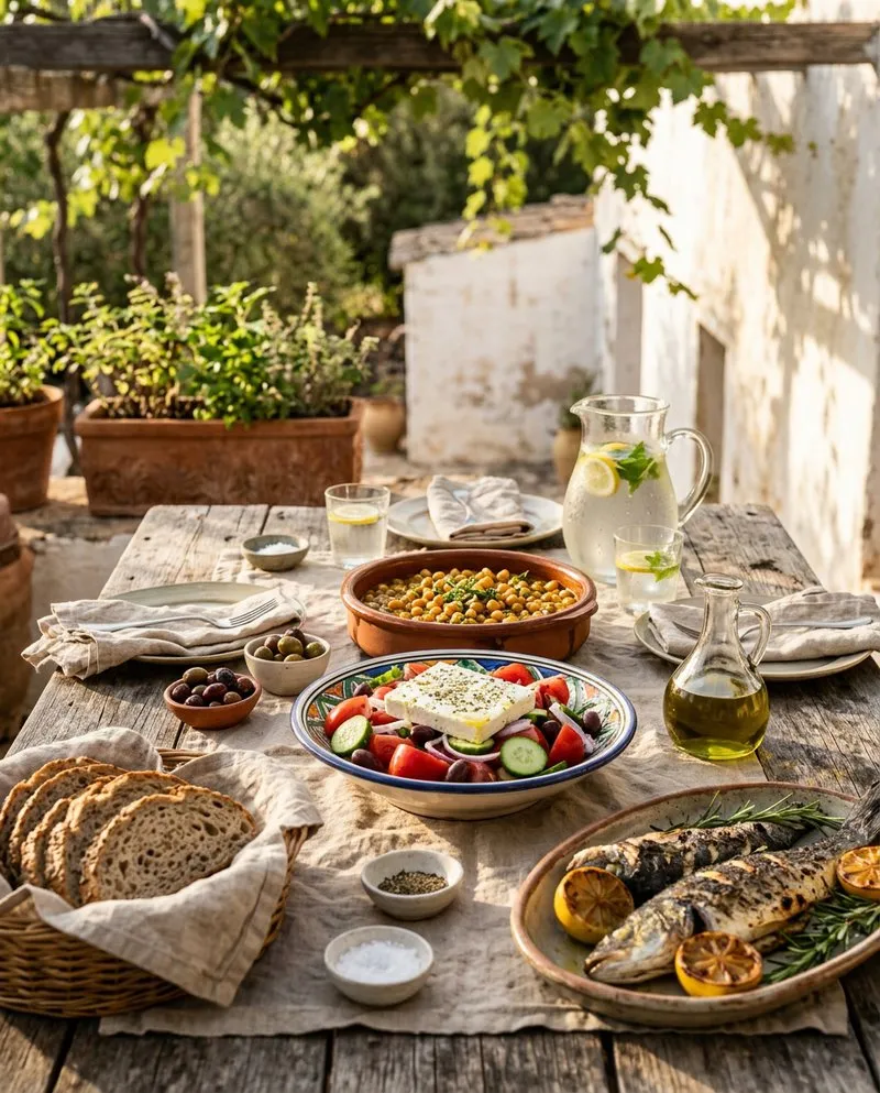 Mesa mediterránea al aire libre con ensalada, guiso de garbanzos, pescado a la plancha, pan integral y aceite de oliva