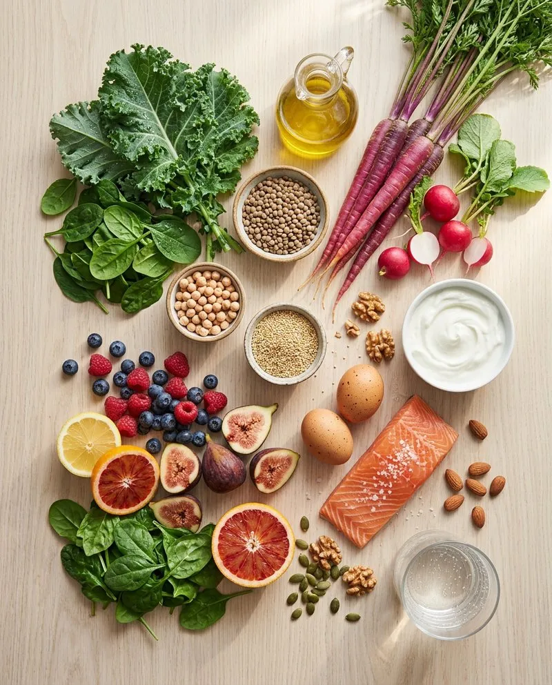 Alimentos frescos organizados por grupos: verduras, frutas, legumbres, cereales integrales, pescado, huevos y frutos secos