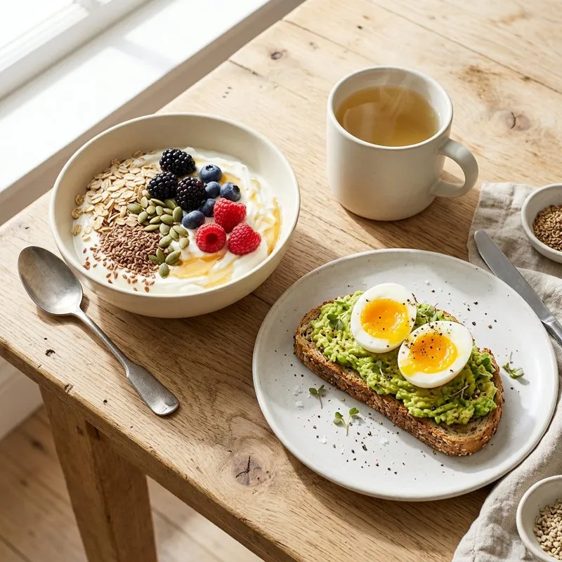 Desayuno con bol de yogur, avena, semillas y frutos rojos, huevos y tostada de aguacate