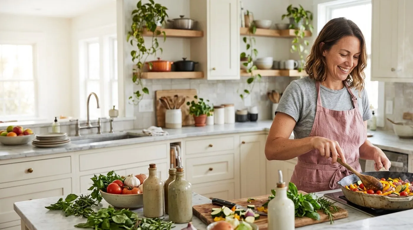 Mujer cocinando un salteado de verduras en la cocina