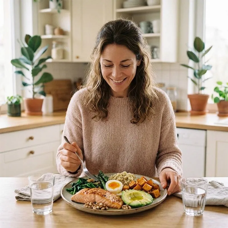 Mujer a punto de comer un plato equilibrado con salmón, huevo, quinoa, boniato y aguacate