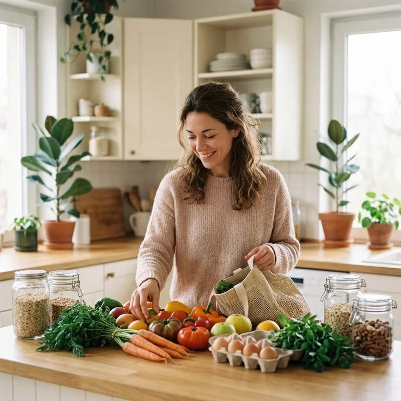 Mujer colocando alimentos frescos en la encimera de la cocina