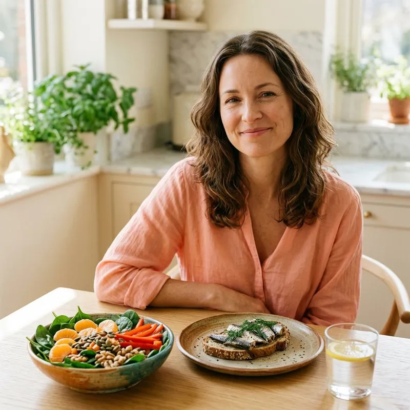 Mujer sentada a la mesa con una ensalada de espinacas, naranja y semillas y una tostada de sardinas