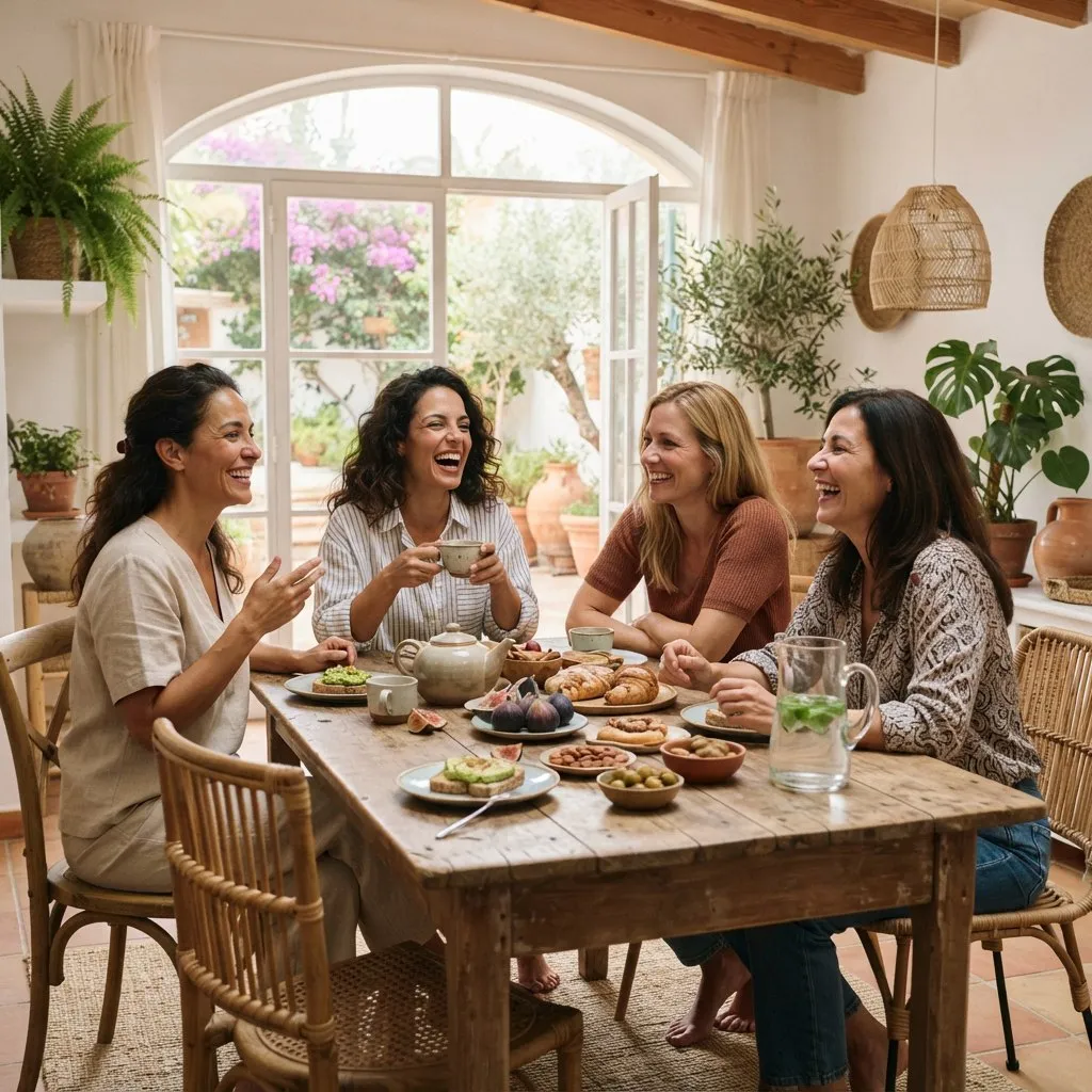 Grupo de mujeres conversando alrededor de una mesa con té y comida sana