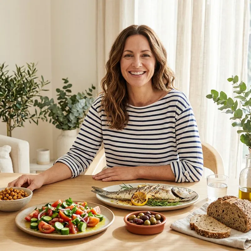 Mujer sentada a la mesa con una comida de estilo mediterráneo: pescado a la plancha, ensalada, garbanzos, pan integral y aceitunas