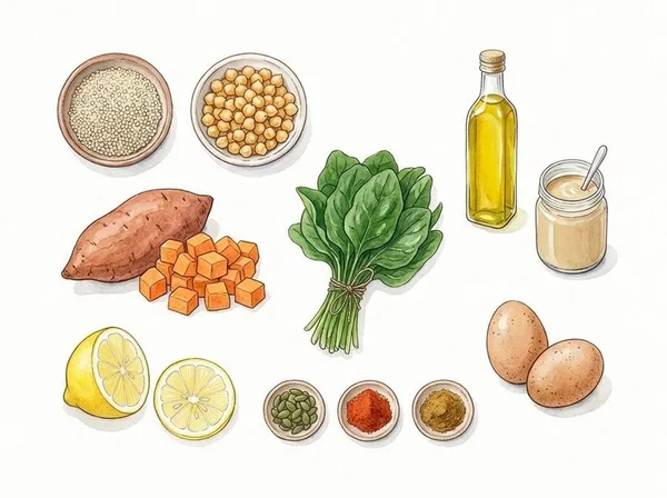 Ilustración de los ingredientes: quinoa, garbanzos, boniato, espinacas, huevos, tahini, limón, aceite de oliva, semillas de calabaza y especias