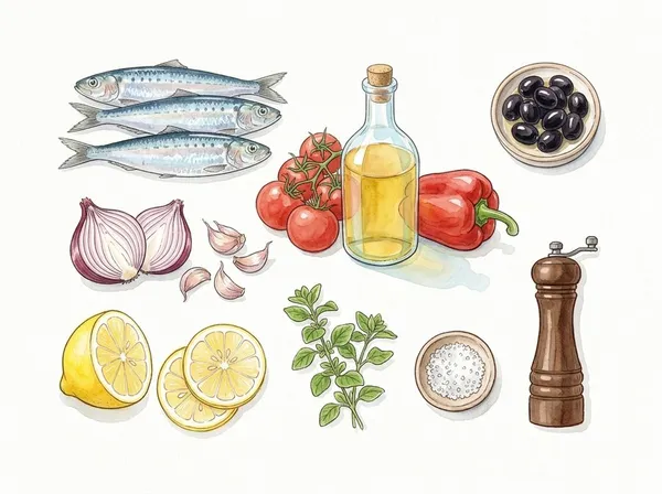 Ilustración de los ingredientes: sardinas, tomates, pimiento rojo, cebolla morada, ajo, aceitunas negras, limón, orégano, aceite de oliva, sal y pimienta