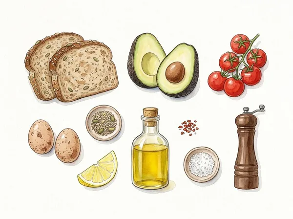 Ilustración de los ingredientes: pan integral, aguacate, huevos, tomates cherry, semillas, limón, aceite de oliva, sal, pimienta y chile