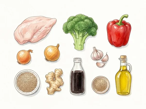 Ilustración de los ingredientes: pechuga de pollo, brócoli, pimiento rojo, cebolla, ajo, jengibre, arroz integral, salsa de soja, sésamo y aceite de oliva