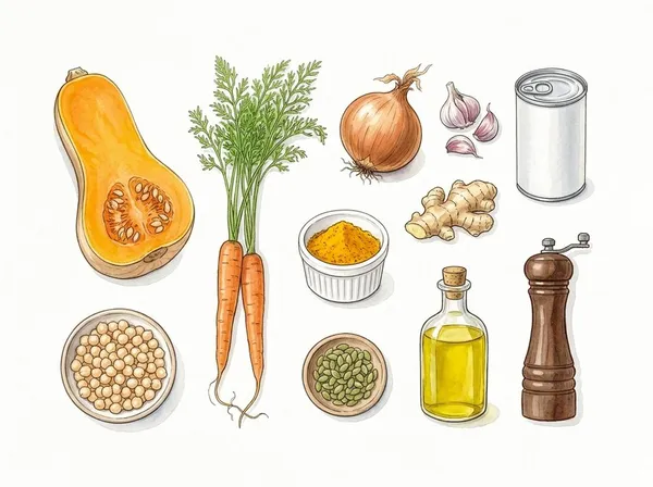 Ilustración de los ingredientes: calabaza, zanahorias, cebolla, ajo, jengibre, cúrcuma, leche de coco, garbanzos, semillas de calabaza, aceite de oliva y pimienta