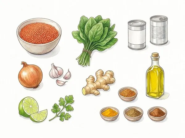 Ilustración de los ingredientes: lentejas rojas, espinacas, cebolla, ajo, jengibre, tomate triturado, leche de coco, especias, lima, cilantro y aceite de oliva