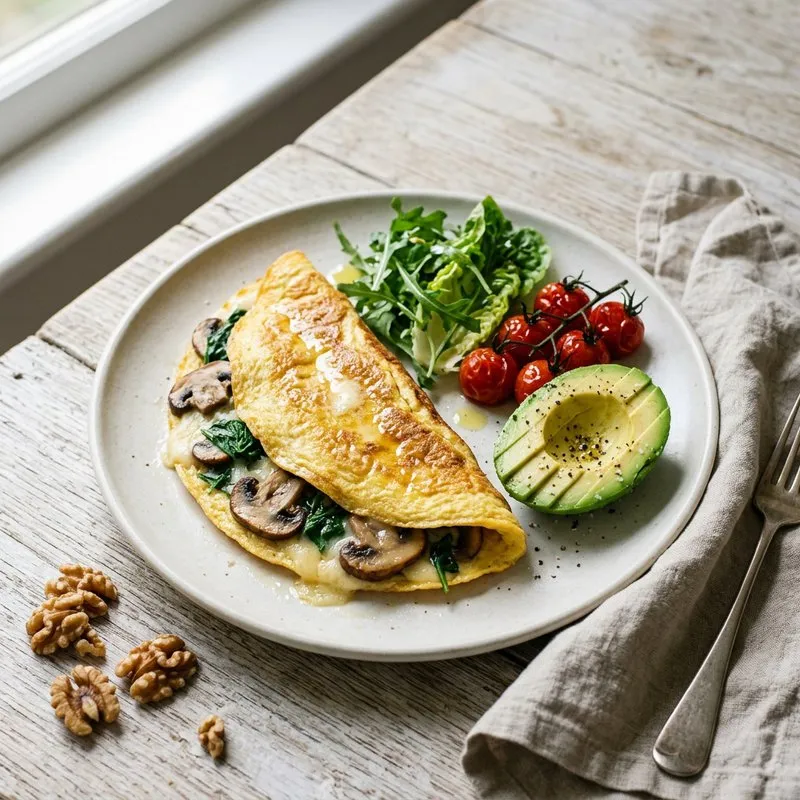 Plato keto con tortilla de espinacas, champiñones y queso, aguacate y tomates cherry