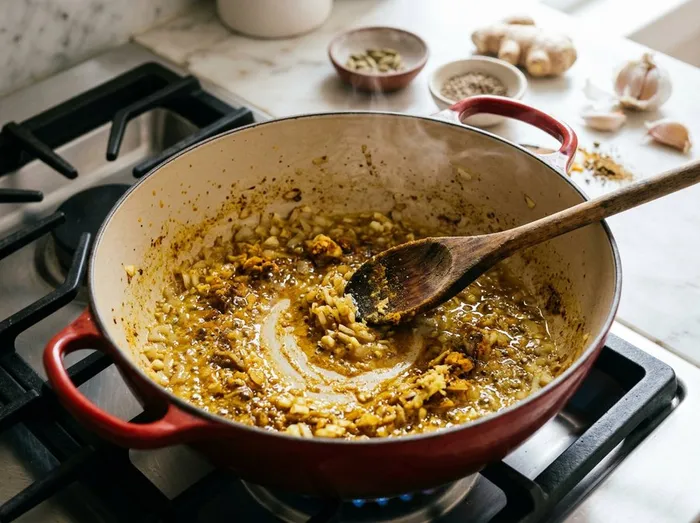 Sofrito de cebolla, ajo y jengibre con cúrcuma, comino y garam masala