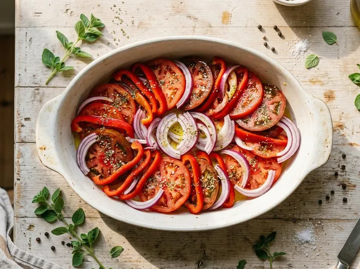 Fuente con rodajas de tomate, tiras de pimiento y aros de cebolla con aceite y orégano