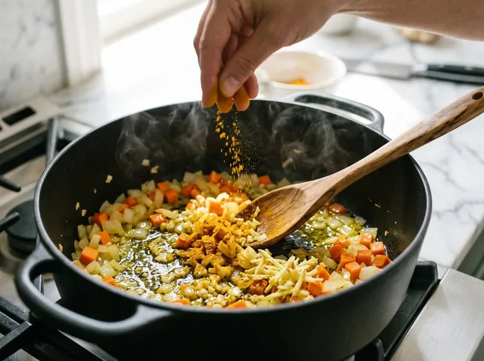 Sofrito de cebolla, zanahoria, ajo y jengibre al que se añade cúrcuma