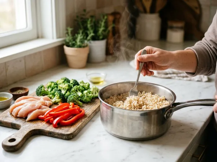 Arroz integral cocido junto a la tabla con el pollo, el brócoli y el pimiento cortados