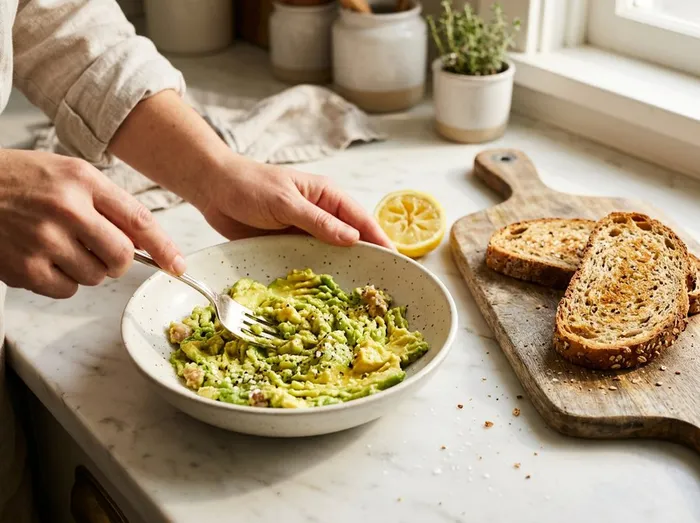 Chafando el aguacate con un tenedor junto a las tostadas de pan integral