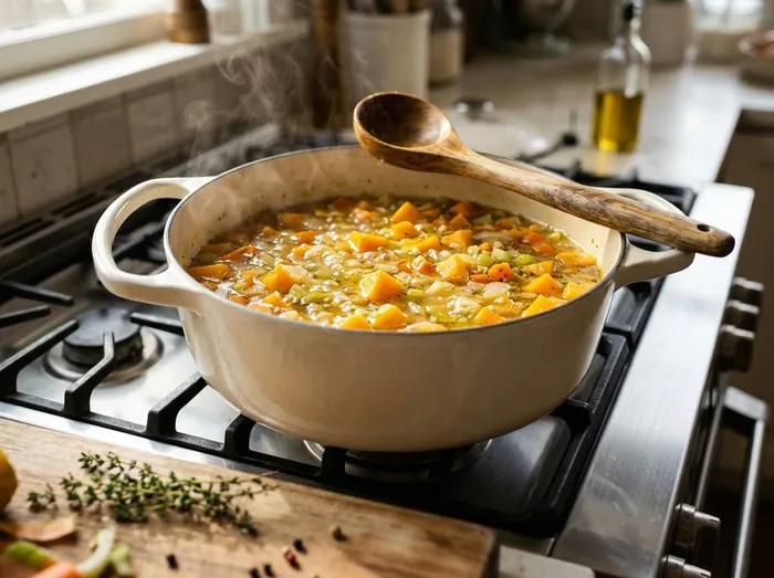 Calabaza en dados cociéndose en el caldo con el sofrito