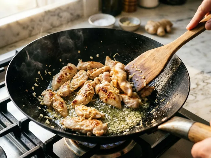 Tiras de pollo dorándose en el wok con ajo y jengibre