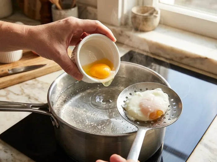 Escalfando los huevos en agua con un ligero remolino
