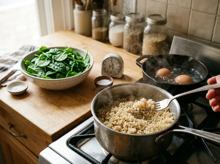 Soltando la quinoa cocida con un tenedor mientras se cuecen los huevos
