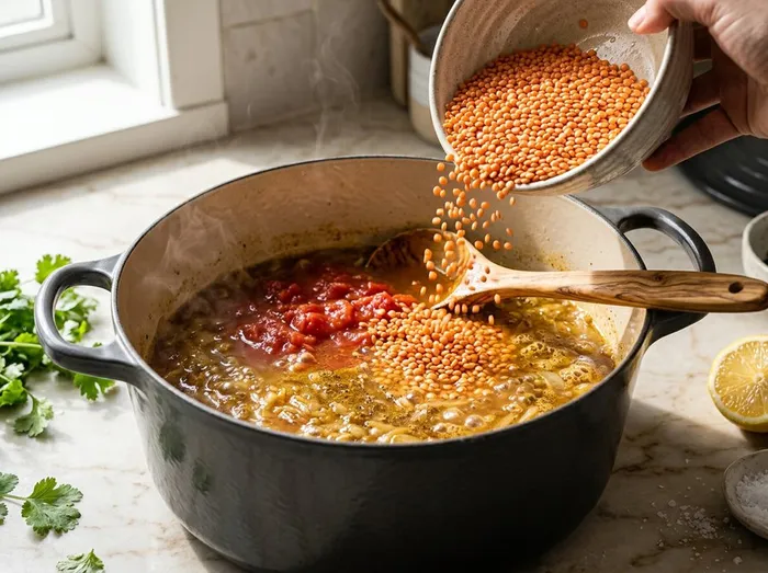 Añadiendo las lentejas rojas a la olla con el tomate y el caldo