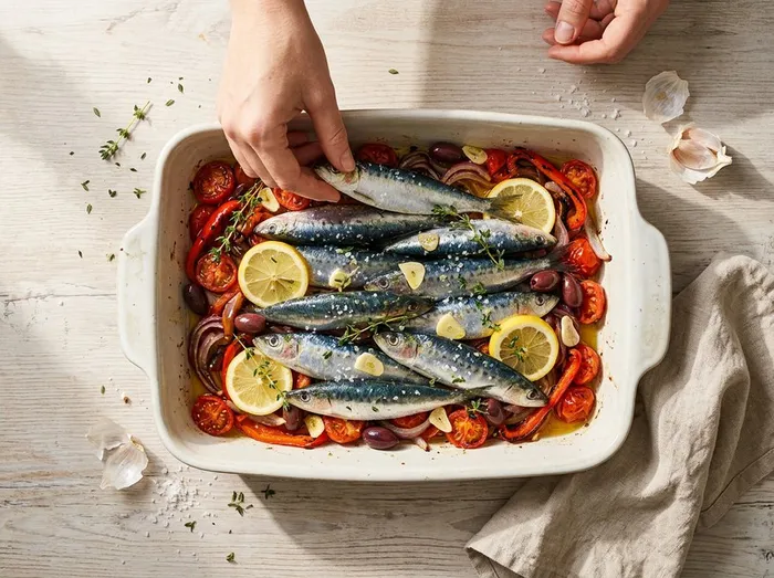 Colocando las sardinas sobre las verduras asadas con aceitunas, ajo y limón