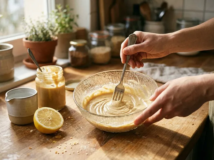 Batiendo el aliño de tahini y limón en un bol pequeño