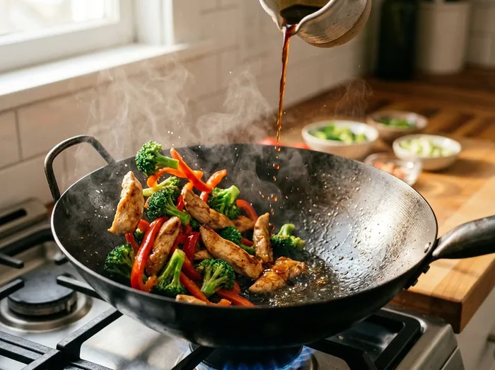Salteando el pollo con el brócoli y el pimiento mientras se añade la salsa de soja