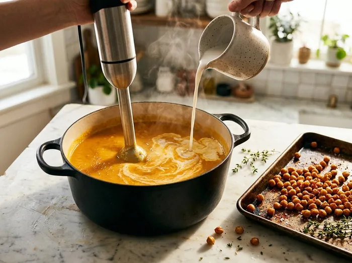 Triturando la crema con la batidora mientras se añade la leche de coco, con los garbanzos tostados al lado