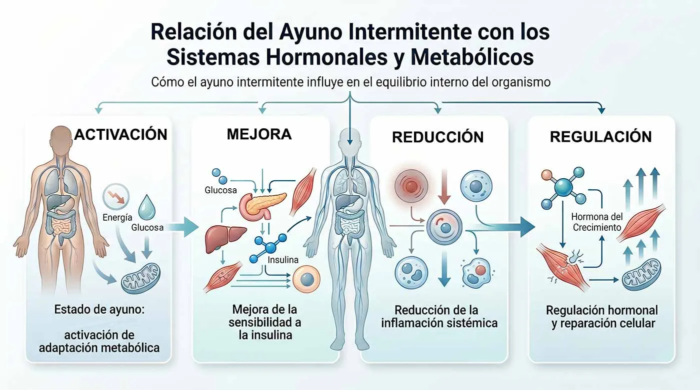 Infografía: relación del ayuno intermitente con los sistemas hormonales y metabólicos