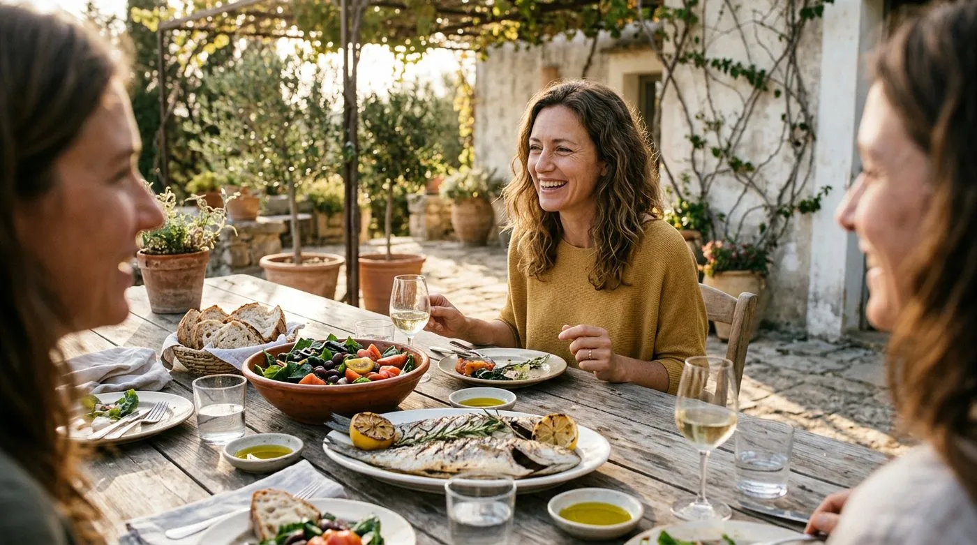 Mujer compartiendo una comida mediterránea al aire libre