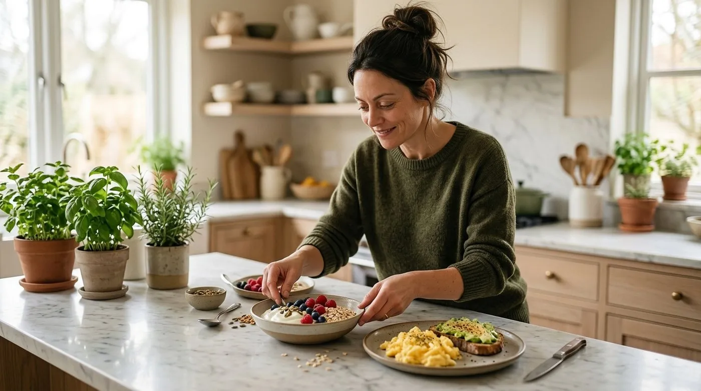 Mujer preparando un desayuno con yogur, avena, frutos rojos, huevos y aguacate