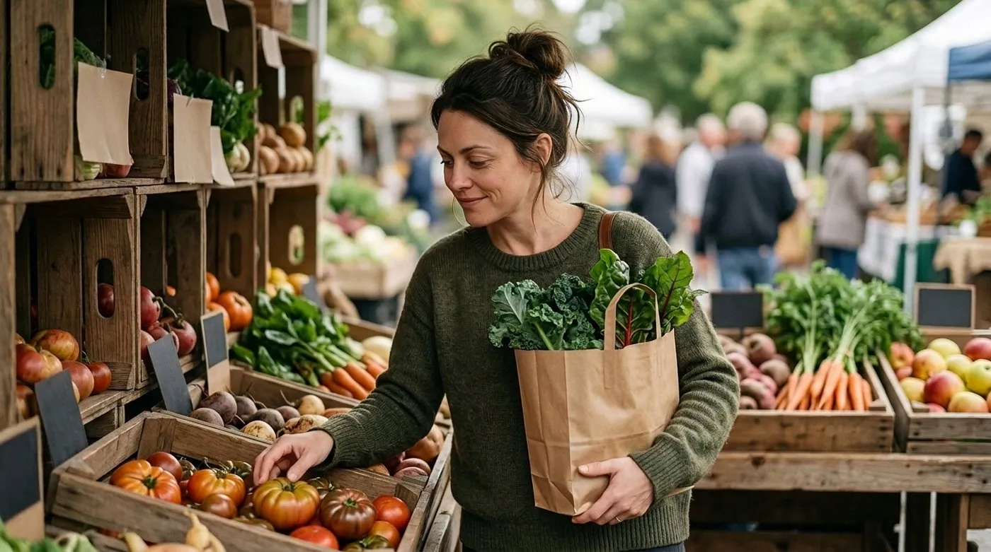 Mujer comprando verduras de temporada en un mercado