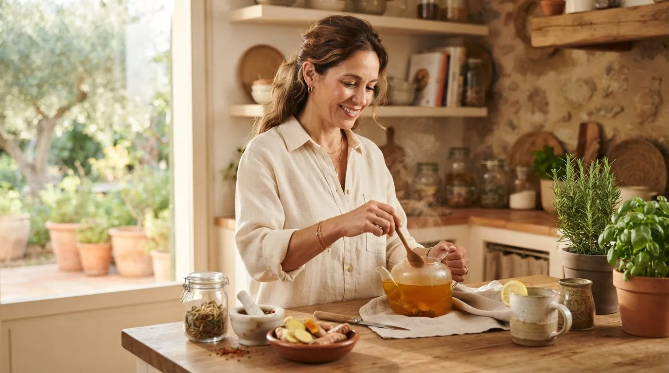 Mujer preparando una infusión antiinflamatoria