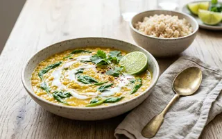 Bol de dahl de lentejas rojas con espinacas, leche de coco, cilantro y lima