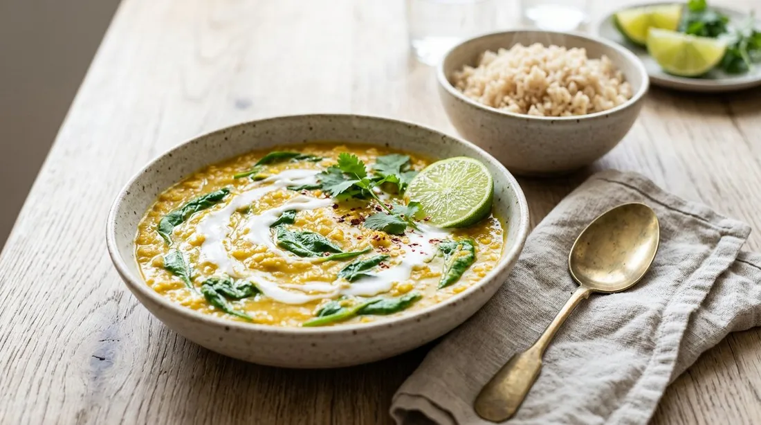 Bol de dahl de lentejas rojas con espinacas, un toque de leche de coco, cilantro y lima, con arroz integral al lado