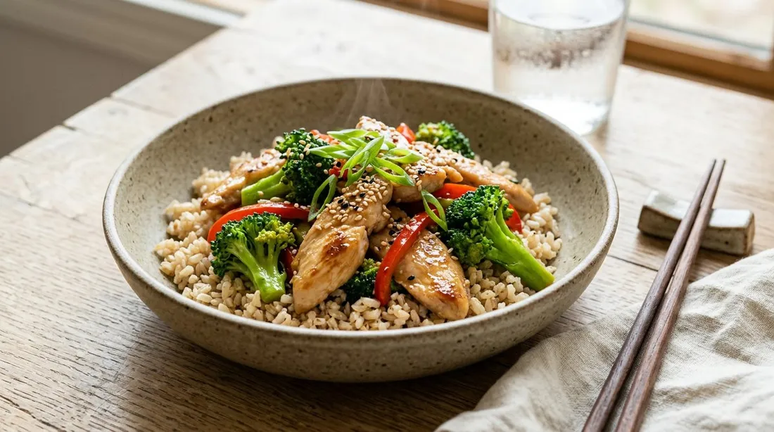 Bol de arroz integral con pollo salteado, brócoli, pimiento rojo, sésamo y cebolleta