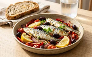 Sardinas al horno sobre tomate, pimiento rojo y cebolla con aceitunas negras y limón