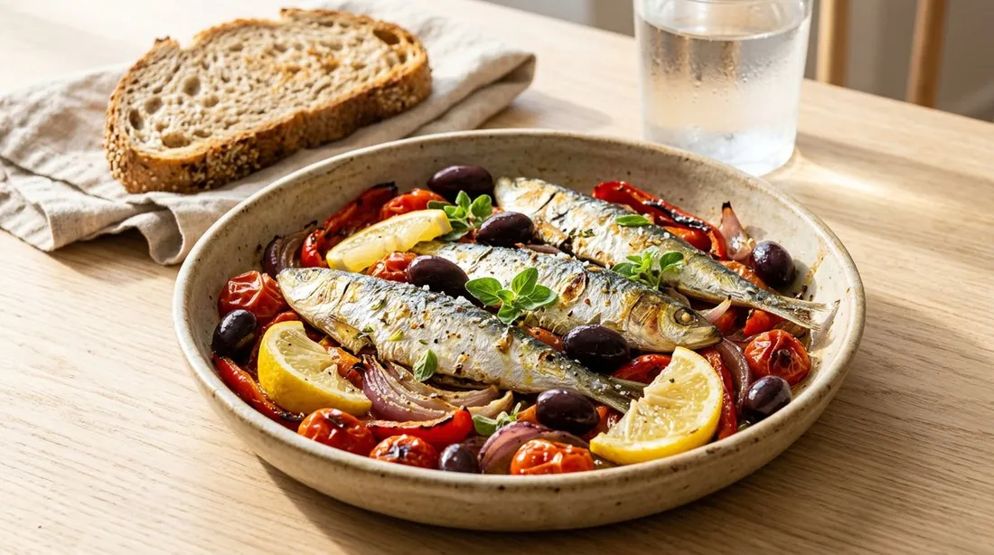 Fuente de sardinas al horno con tomate, pimiento, cebolla, aceitunas negras, limón y orégano