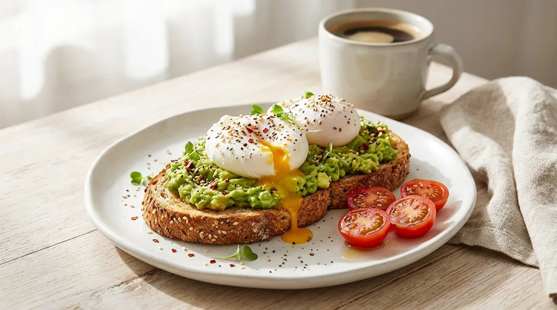 Dos tostadas integrales con aguacate y huevo poché con la yema líquida, semillas y tomates cherry, con un café